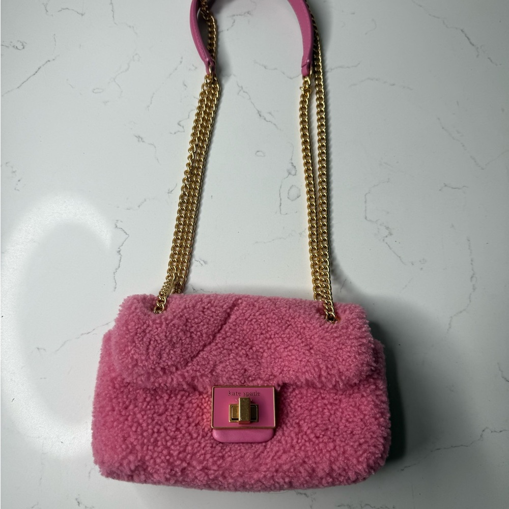 Kate Spade Pink Shearling Evelyn Shoulder Bag with Gold Chain